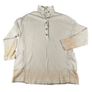 Free People Sweater Top Medium Beige Waffle-Knit Button-Up Pullover Pockets